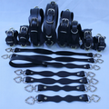 A collection of black leather straps with silver buckles, arranged in rows on a white background.