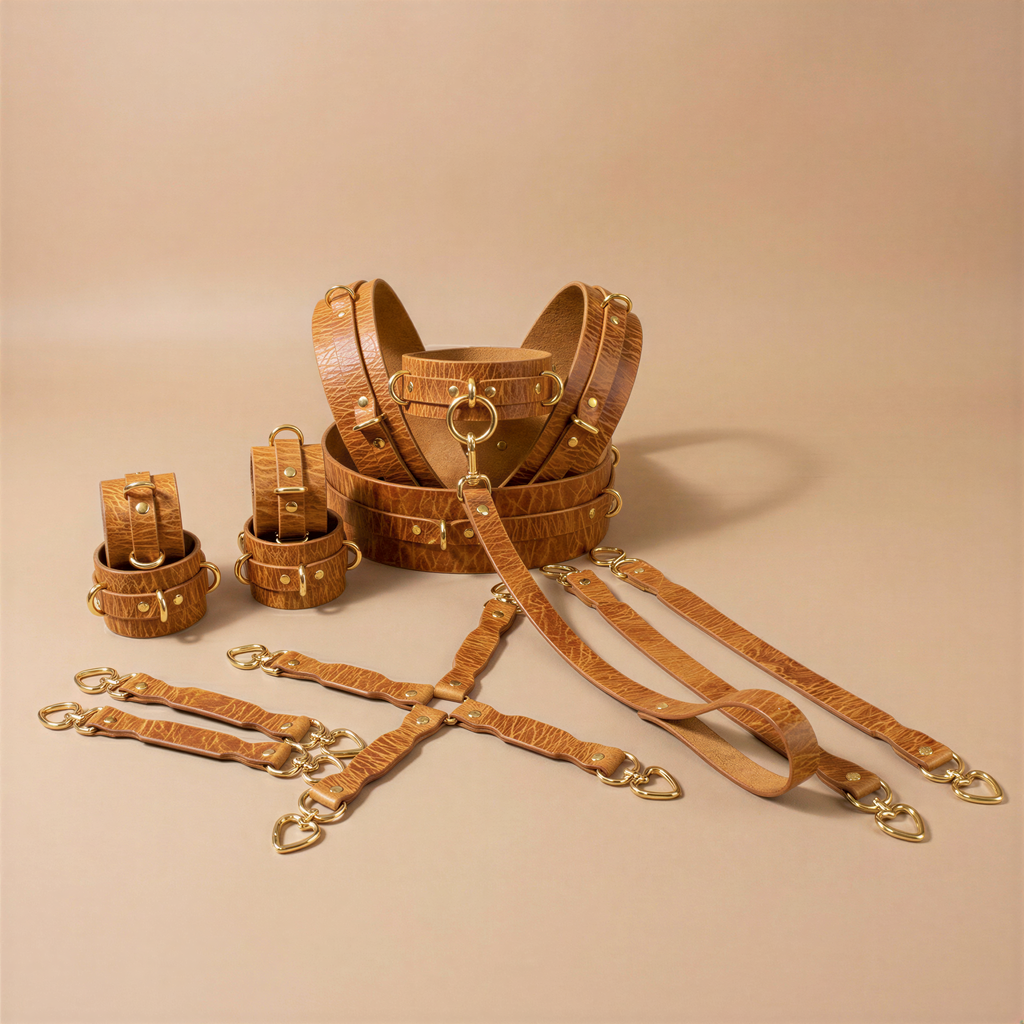 a collection of leather straps and buckles, likely used for BDSM or role-playing purposes. The straps are arranged in various sizes and shapes, with some having gold-colored buckles and others featuring a more rustic appearance. The image does not contain any text or additional objects, and the focus is solely on the leather straps and their arrangement.