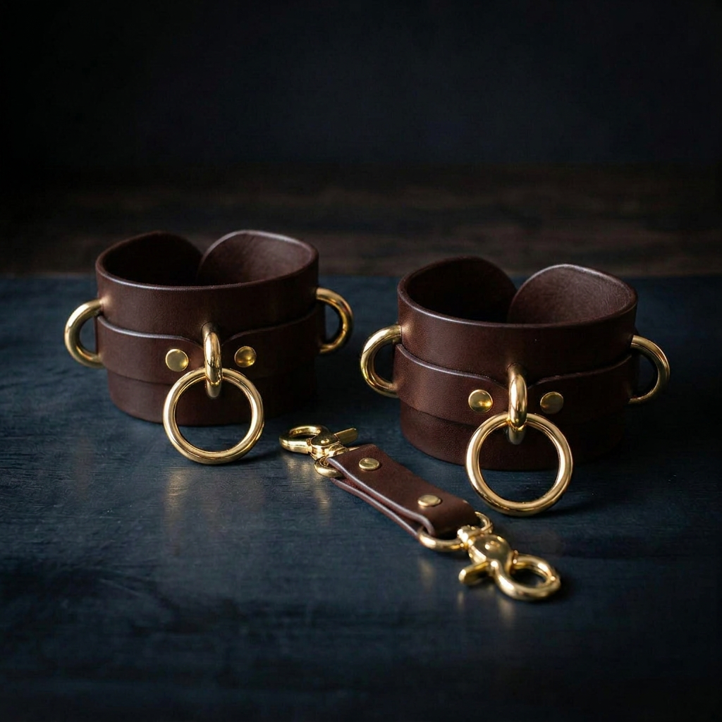 a pair of brown leather cuffs with gold-colored metal rings and buckles, placed on a dark surface.