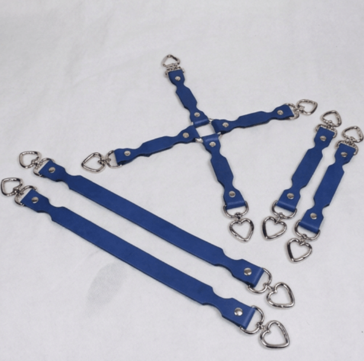 A collection of blue leather straps with metal heart-shaped buckles, arranged in various orientations on a white background.