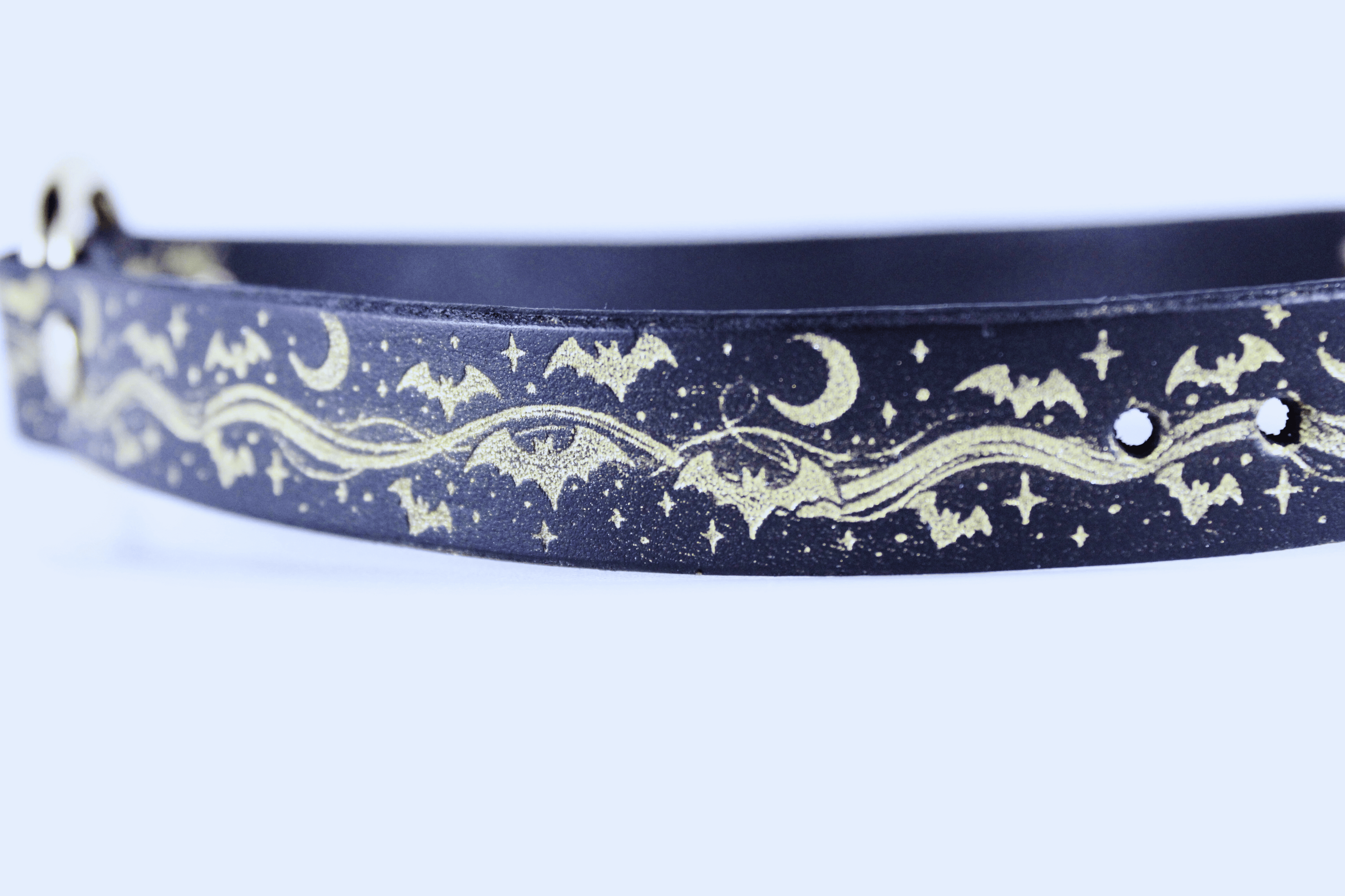 Bats BDSM Collar – close-up of celestial leather choker featuring golden bats and moons design