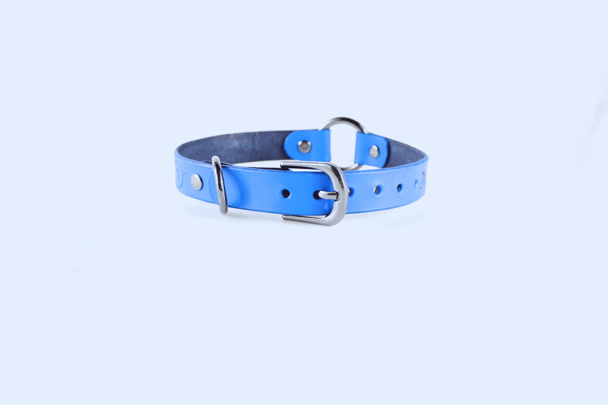 Submissive Collar Blue Moon & Bats Leather Choker with silver buckle and blue leather strap.