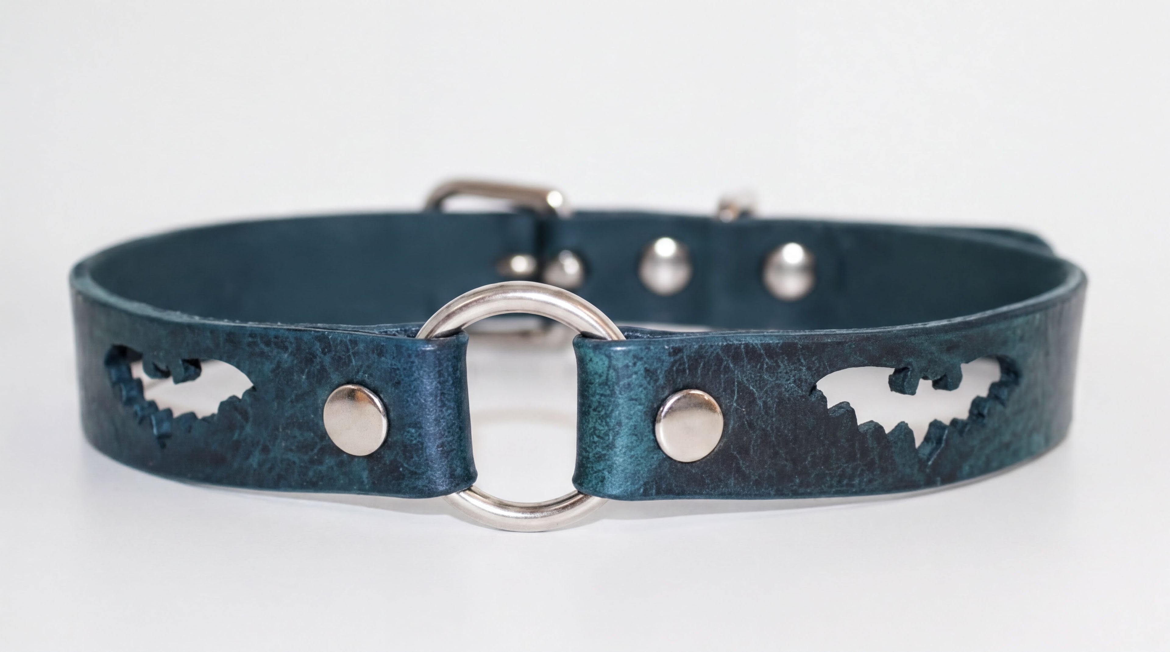 A dark blue leather dog collar with a silver buckle and a bat cutout design.