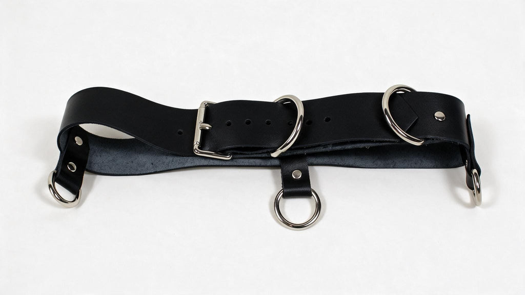 A black leather belt with metal rings and buckles, including a buckle and two rings, is shown in the image.