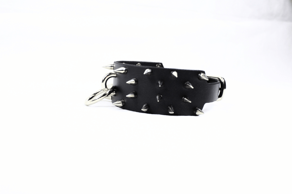 Rogue BDSM Collar – Spiked Posture Choker for Submissive & Dom Play showcasing its thick leather and steel spikes.