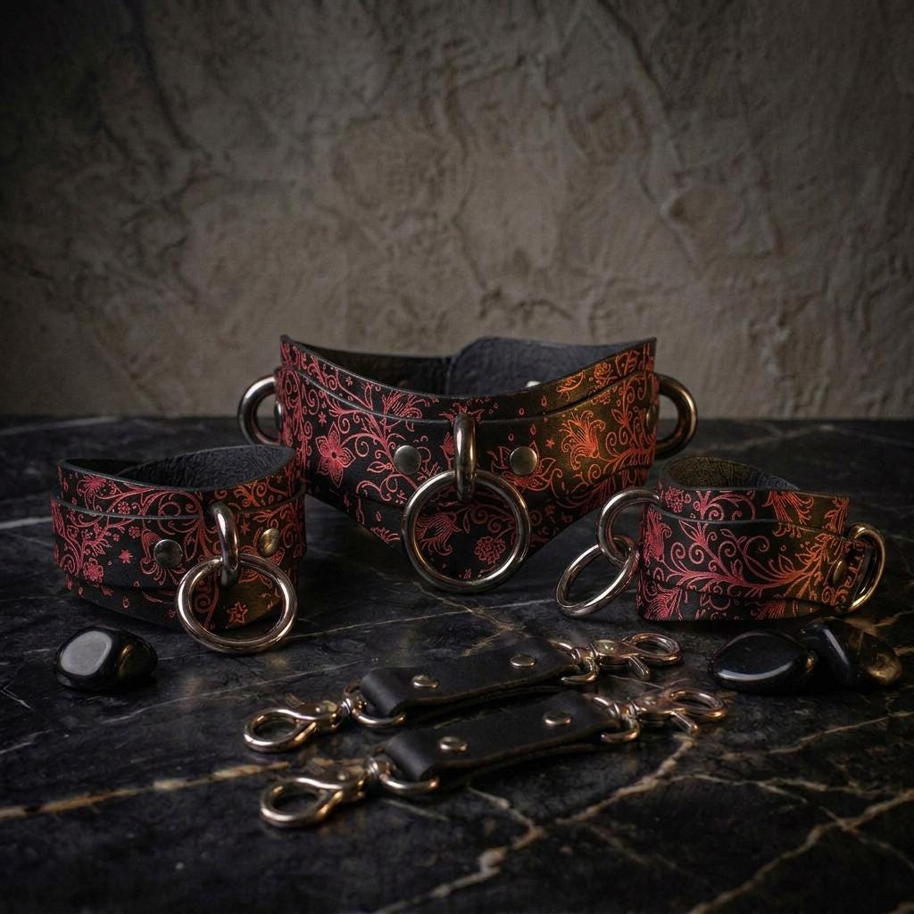a collection of leather accessories, including a choker, cuffs, and straps, arranged on a marble surface.