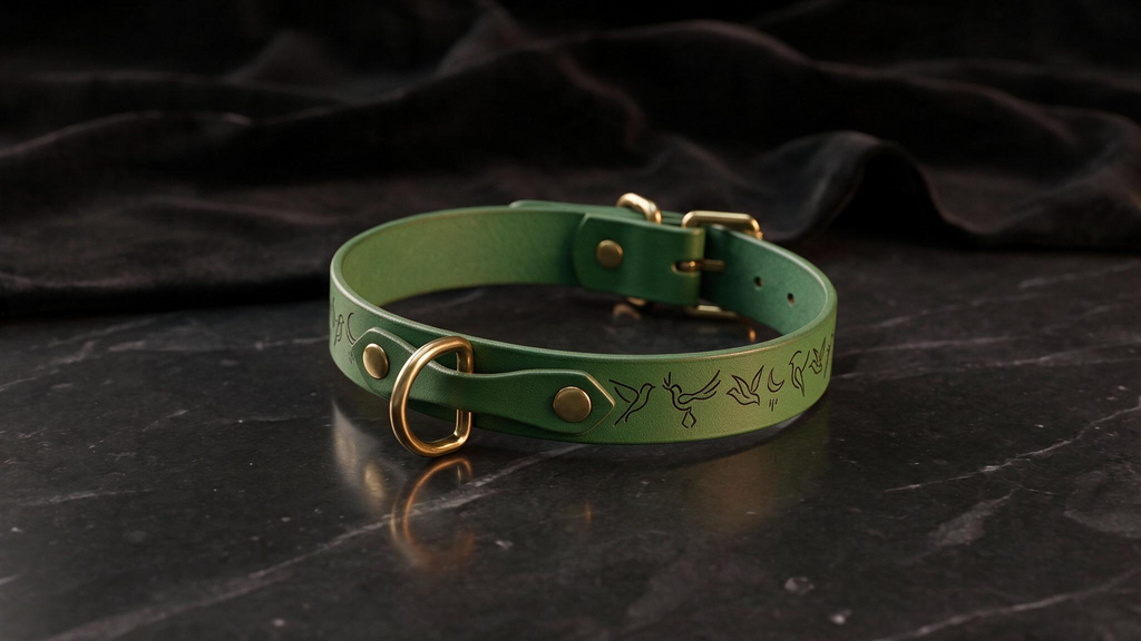 A green leather collar with a gold buckle and a small bird design on it, resting on a black marble surface.