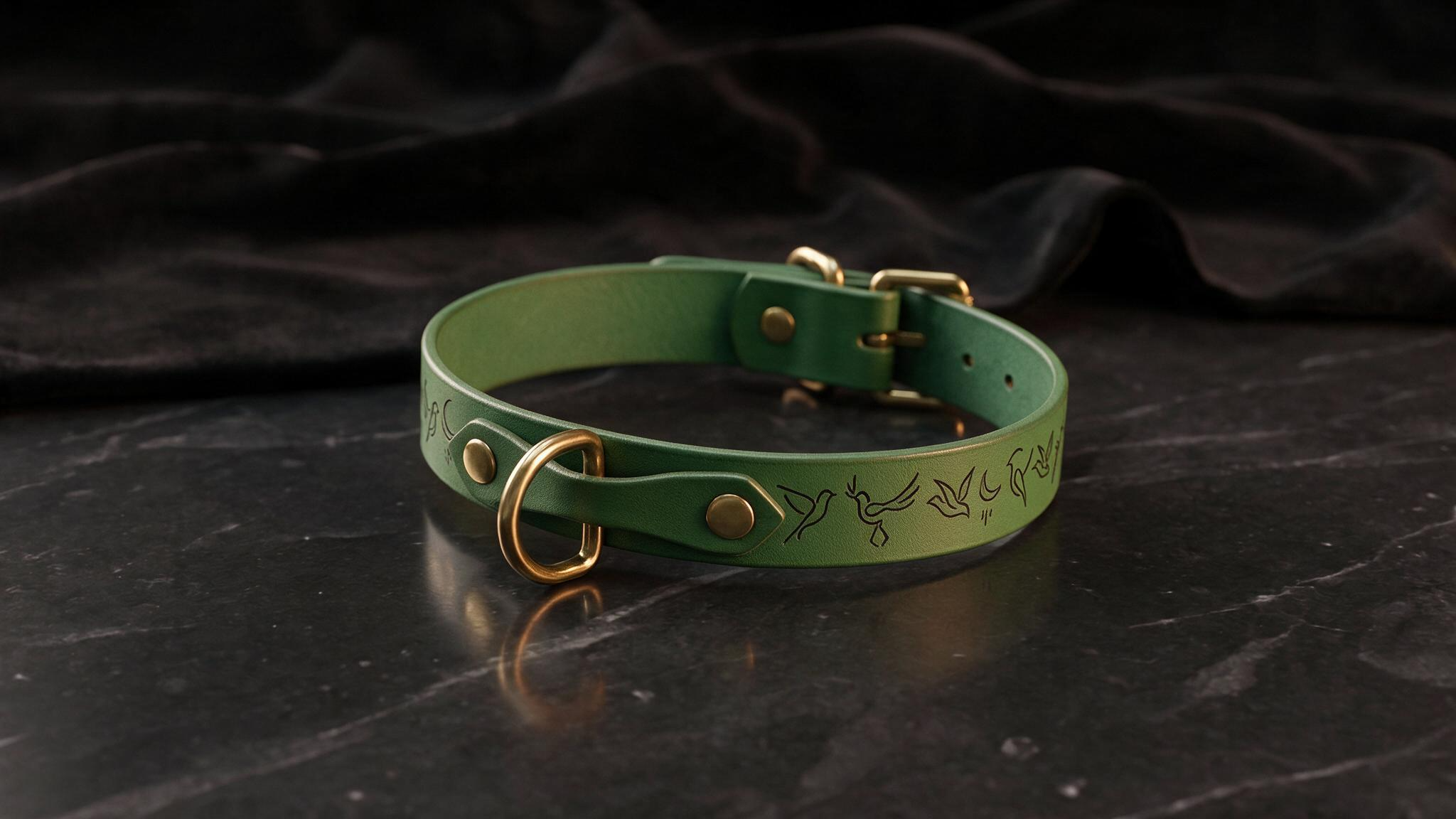 A green leather collar with a gold buckle and a small bird design on it, resting on a black marble surface.