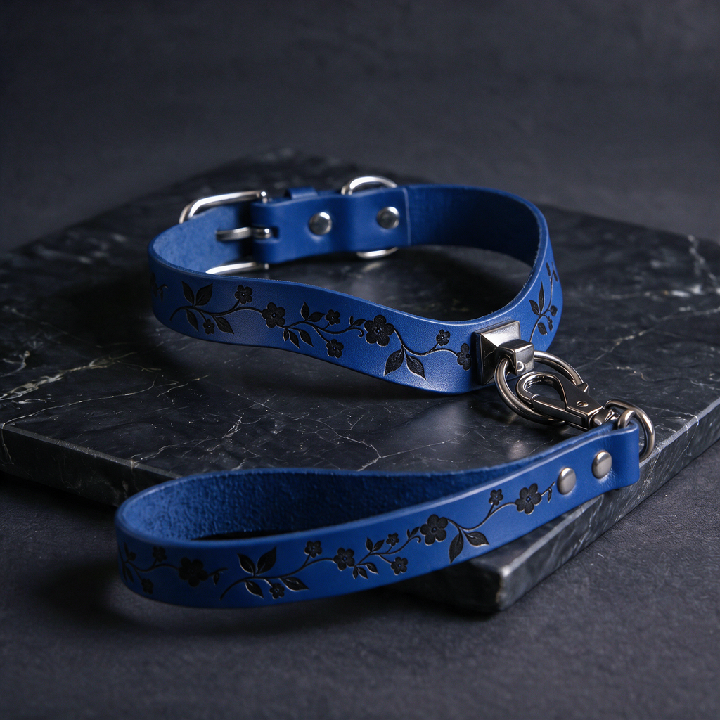 A blue leather collar with a floral pattern and a matching leash is displayed on a dark surface.