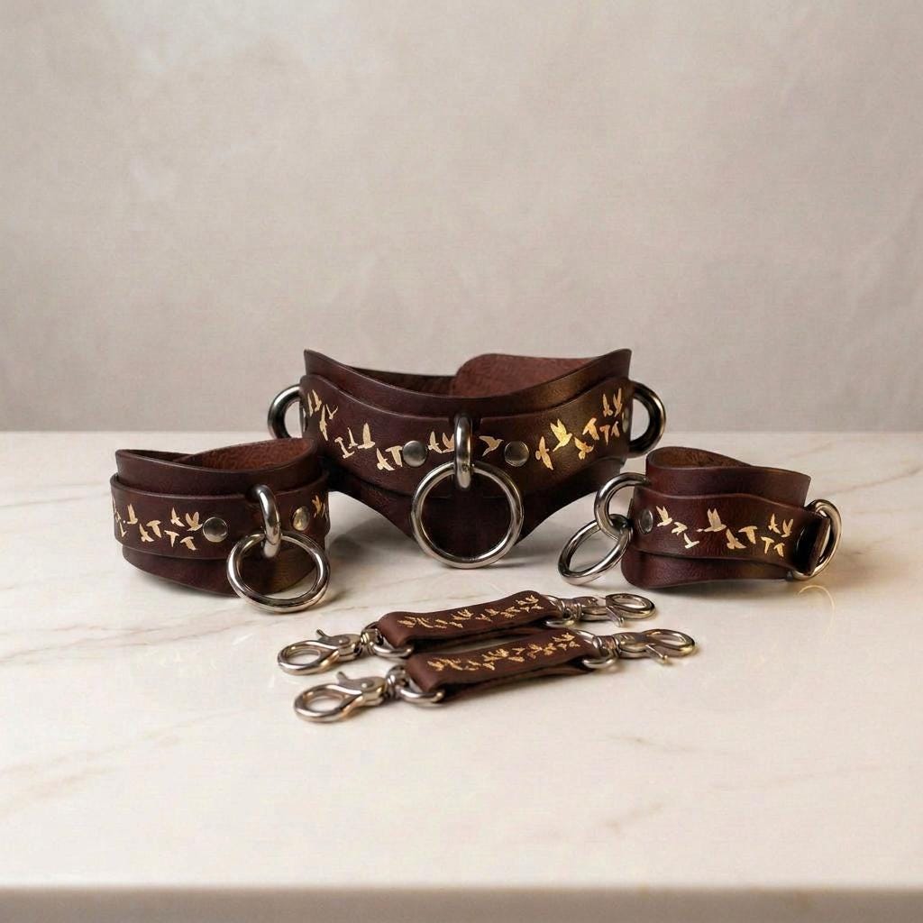 a set of brown leather straps with gold leaf designs, arranged on a white marble surface.