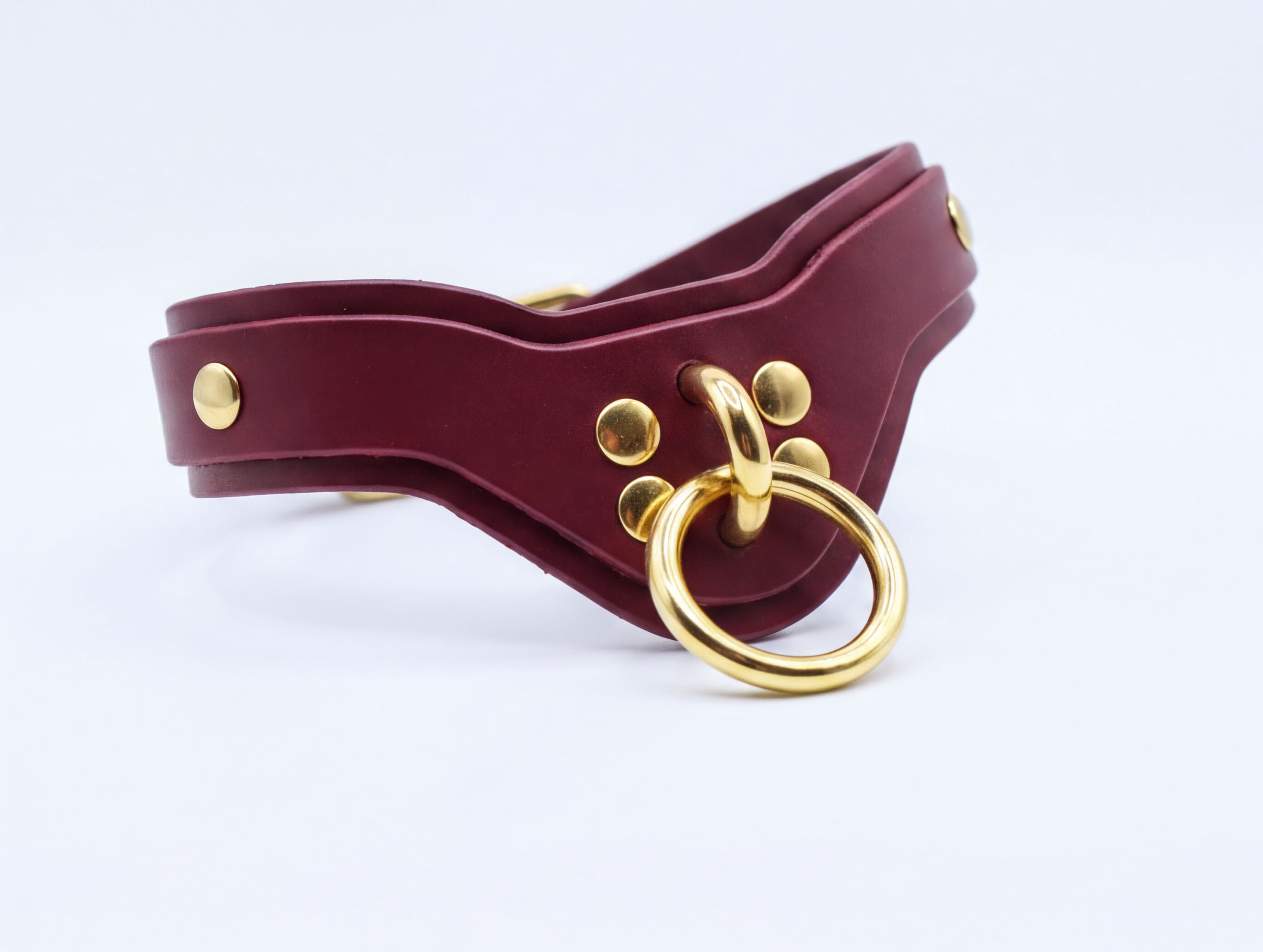 A burgundy leather choker necklace with a gold-colored metal ring and a gold-colored metal buckle.