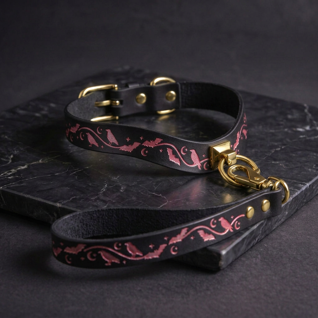 A black leather dog collar with a pink bat design and a gold-colored buckle, resting on a dark surface.