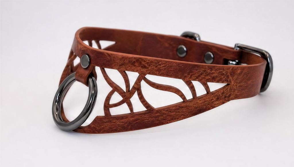 A brown leather collar with a metal ring and a decorative cutout design.