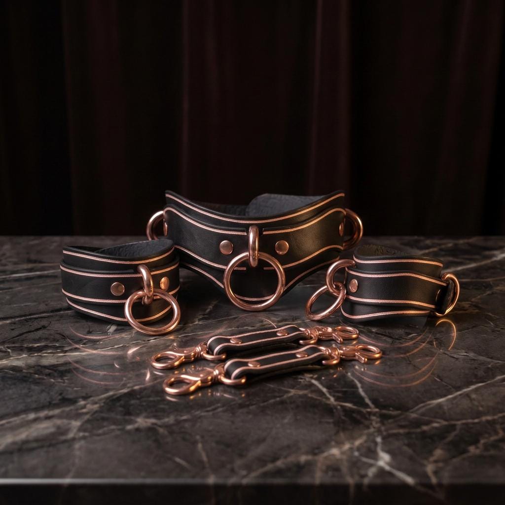 A set of black leather choker necklaces with copper-colored metal rings and buckles, arranged on a marble surface.