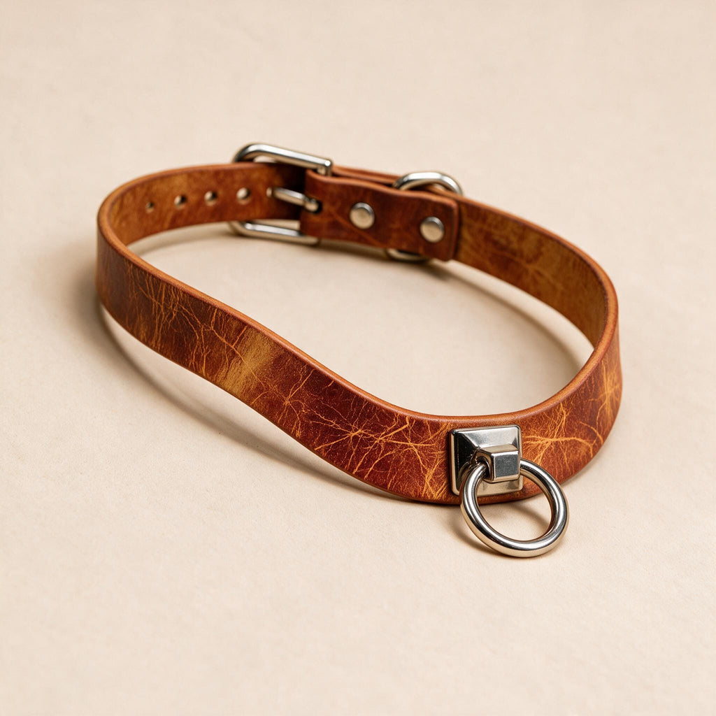 A brown leather choker collar with a metal ring and buckle.