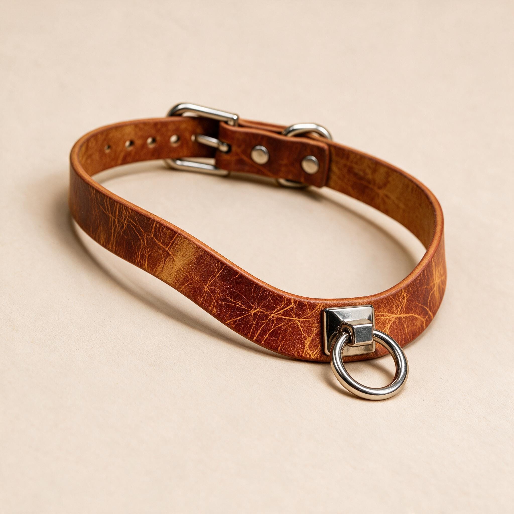 A brown leather choker collar with a metal ring and buckle.