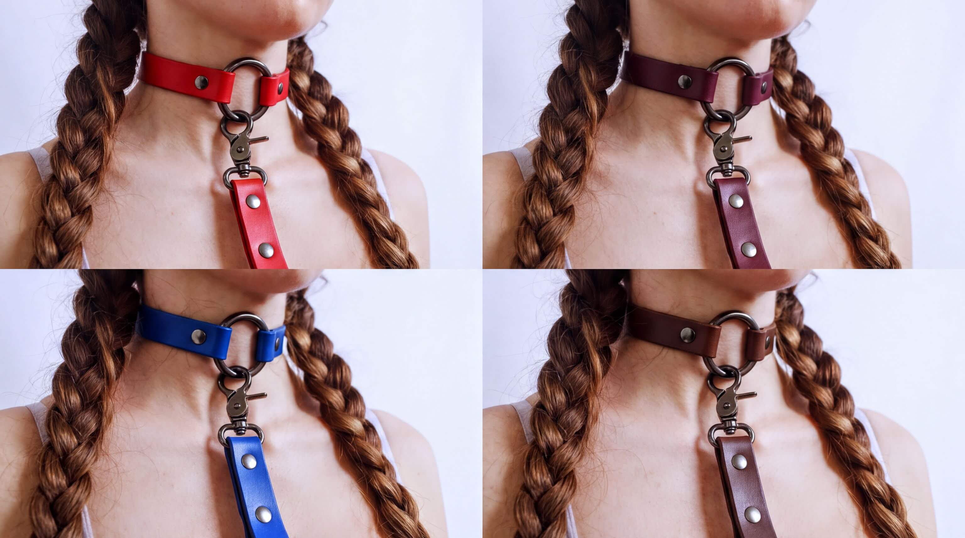 The image is a collage of four close-up photos of a person wearing a leather choker with a metal ring and a metal attachment.