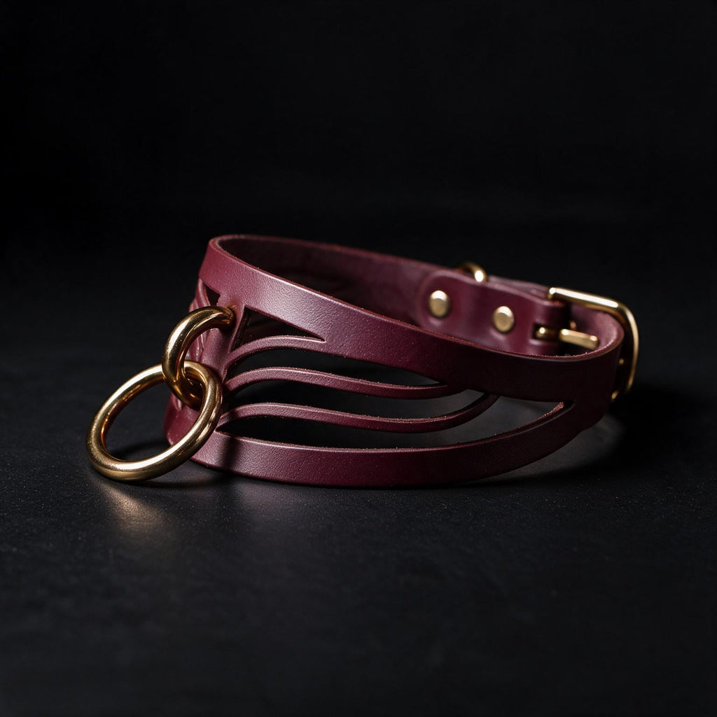 A burgundy leather choker necklace with a gold-colored metal ring and buckle is displayed against a dark background.