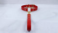 A red leather collar with a gold-colored buckle and a red strap hanging from it.