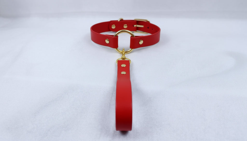 A red leather collar with a gold-colored buckle and a red strap hanging from it.