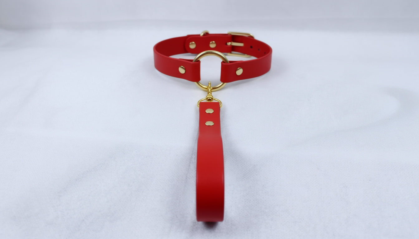 A red leather collar with a gold-colored buckle and a red strap hanging from it.