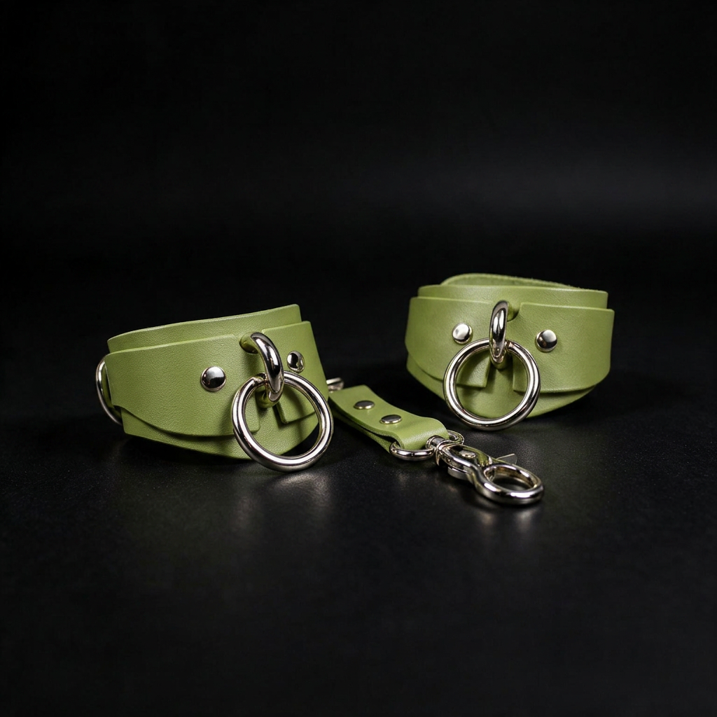 A pair of green leather straps with metal rings and buckles, arranged on a black background.