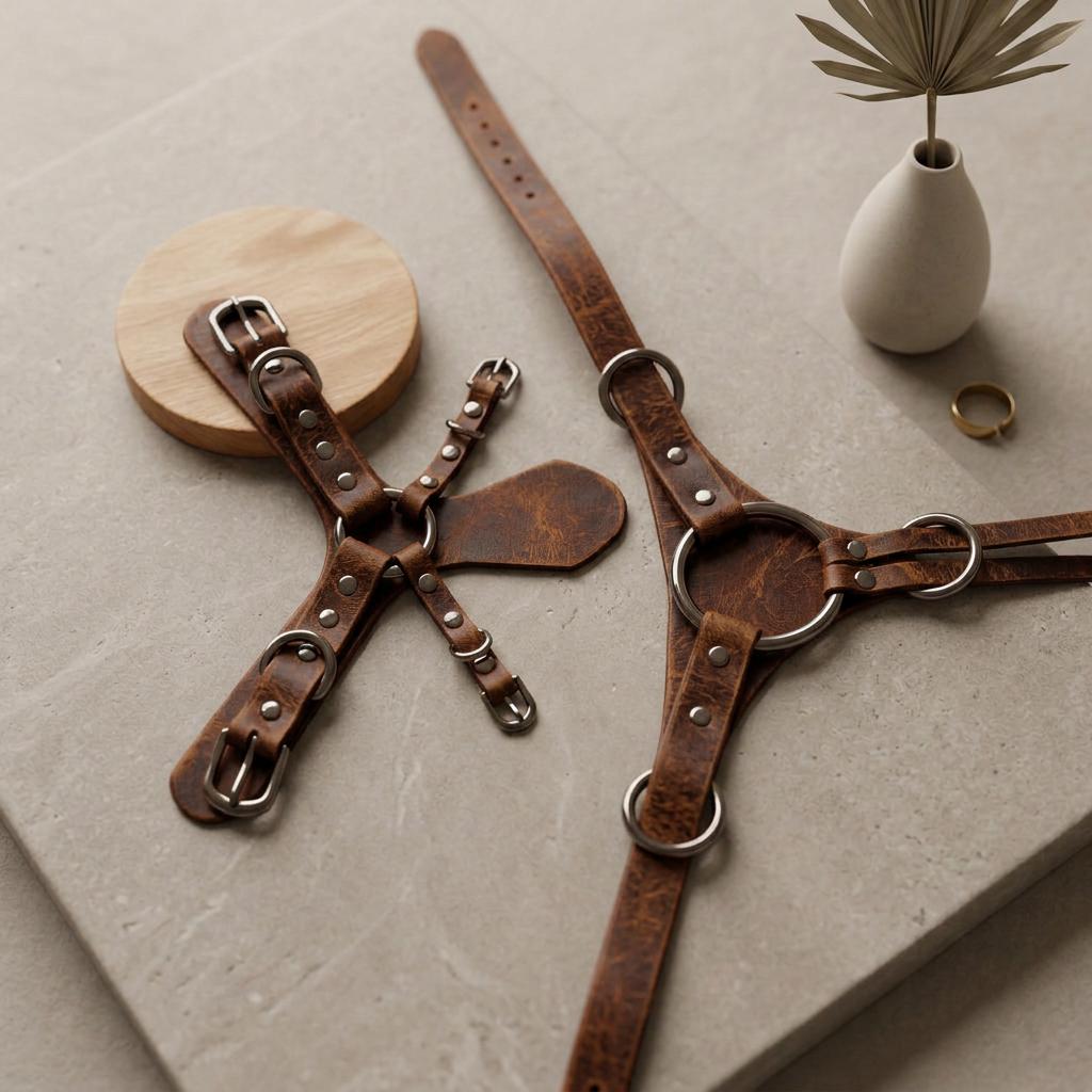 a collection of leather straps and a vase with a plant, arranged on a gray surface.