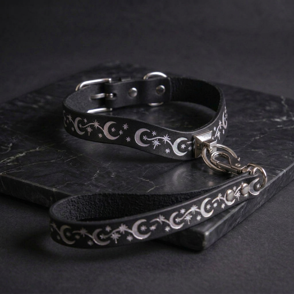 A black leather collar with silver star and crescent designs, and a matching black leash with silver star and crescent designs, both resting on a dark surface.