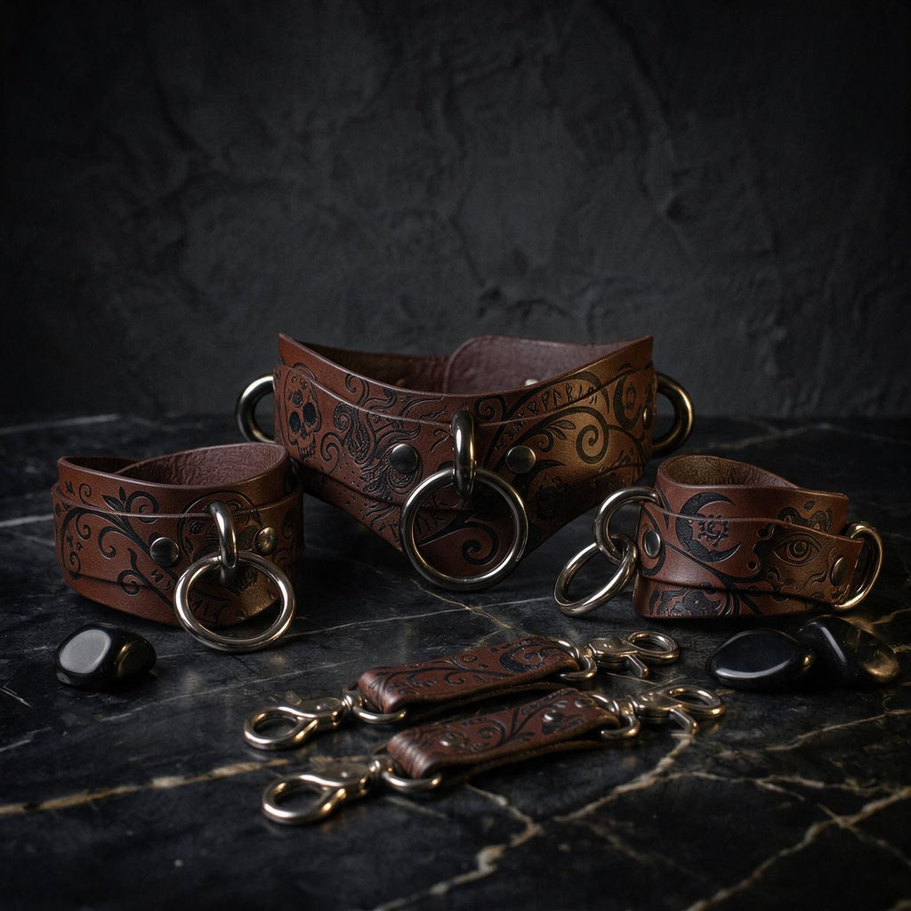 A collection of brown leather straps with metal rings and buckles, arranged on a dark surface.