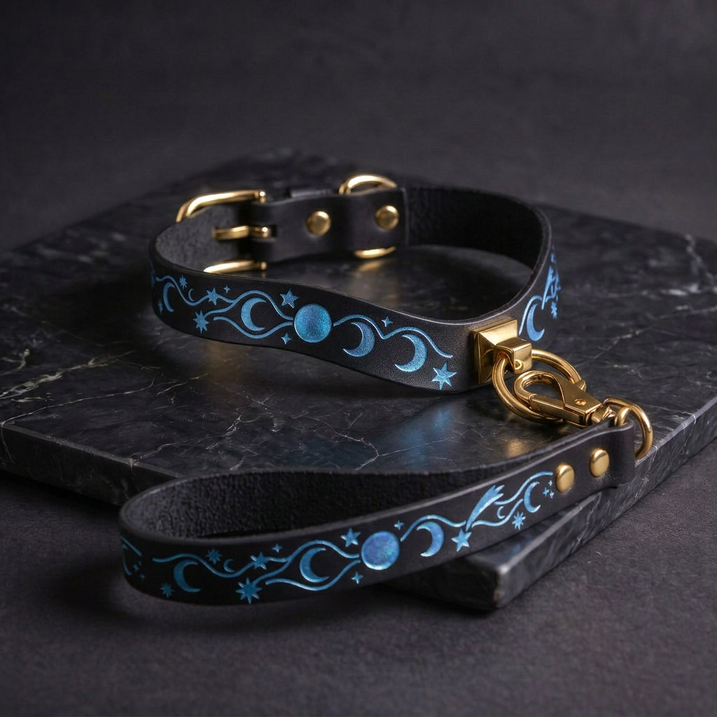 A black leather dog collar with blue moon and star designs, and a matching black leather leash with a gold buckle.