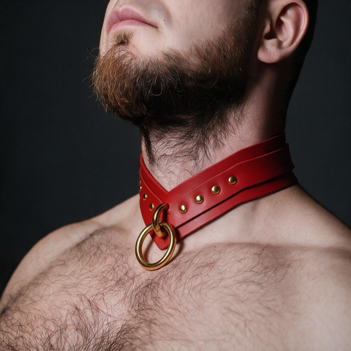A close-up of a man's neck and chest area, with a red leather choker collar featuring a gold ring and studs.