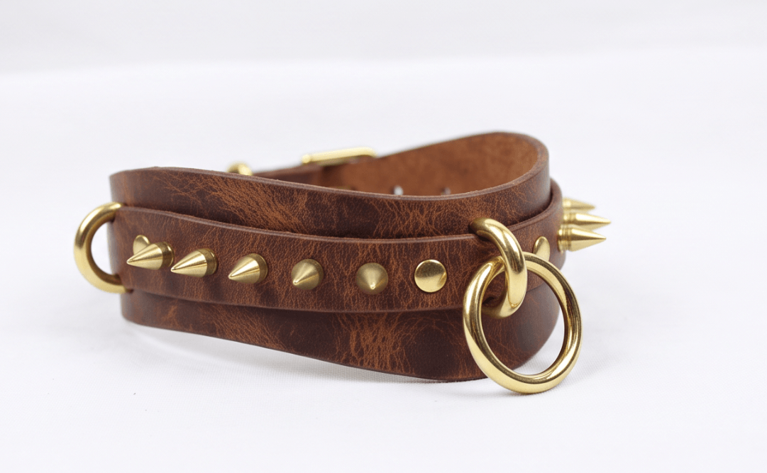 A brown leather collar with gold studs and a ring on it.