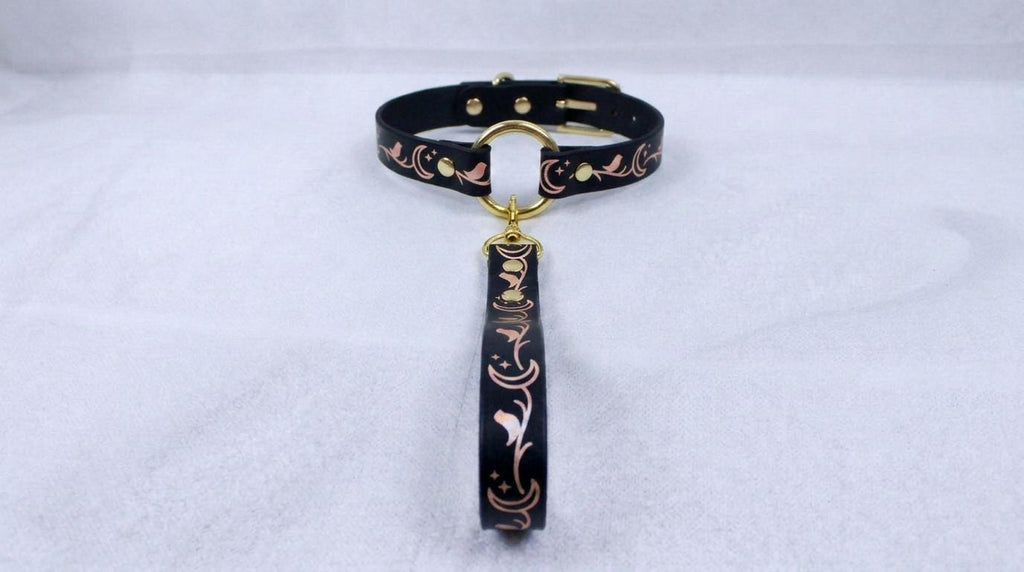 A black collar with a gold-colored buckle and a decorative strap is displayed on a white surface.