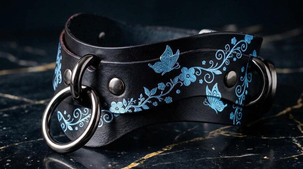 A black leather choker necklace with a floral design and two metal rings on the front.