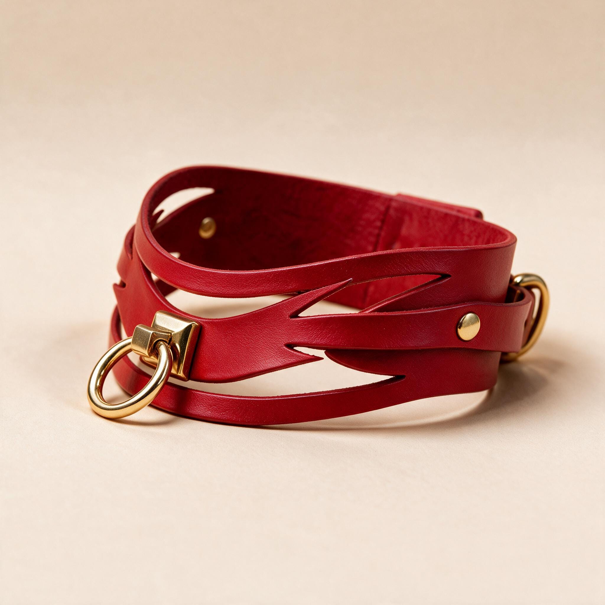 A red leather choker necklace with a gold-colored metal clasp and two gold-colored metal rings.