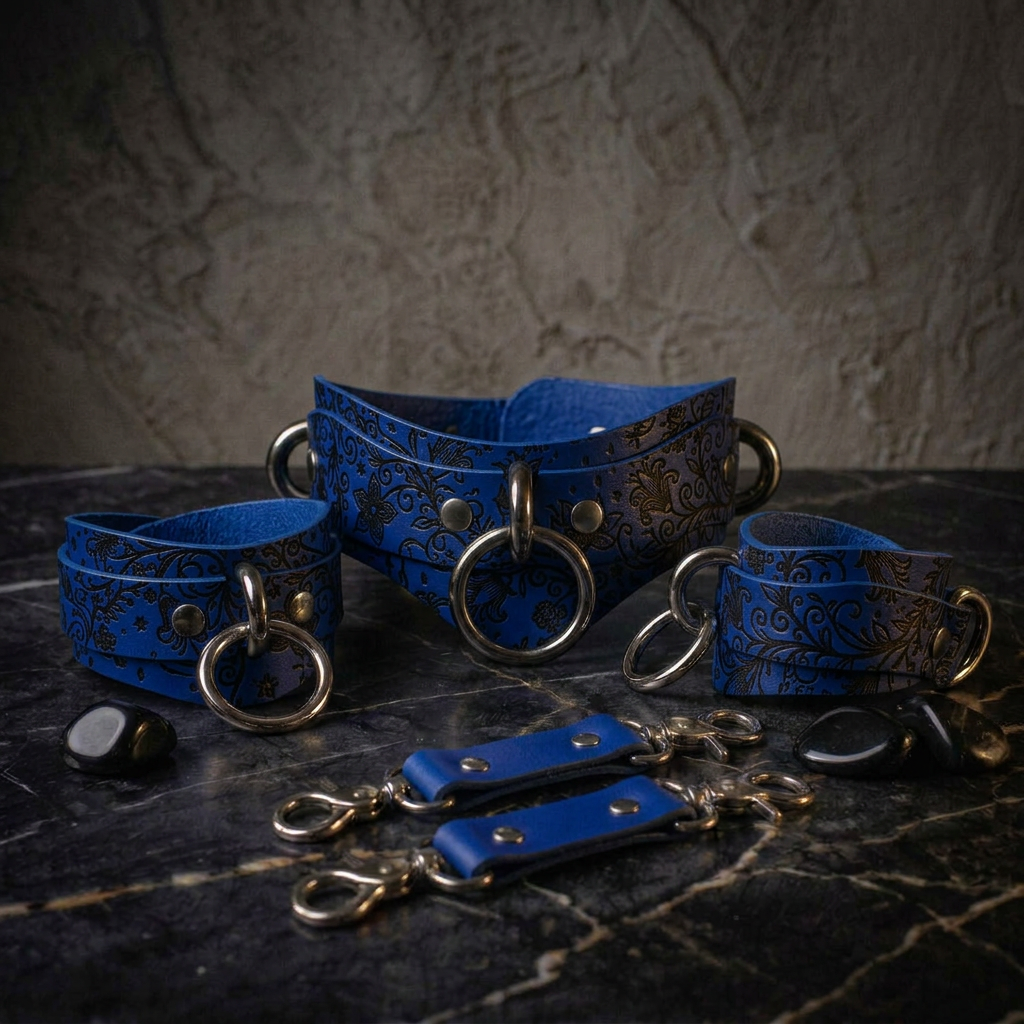 A set of blue leather straps with metal rings and buckles, arranged on a dark surface.