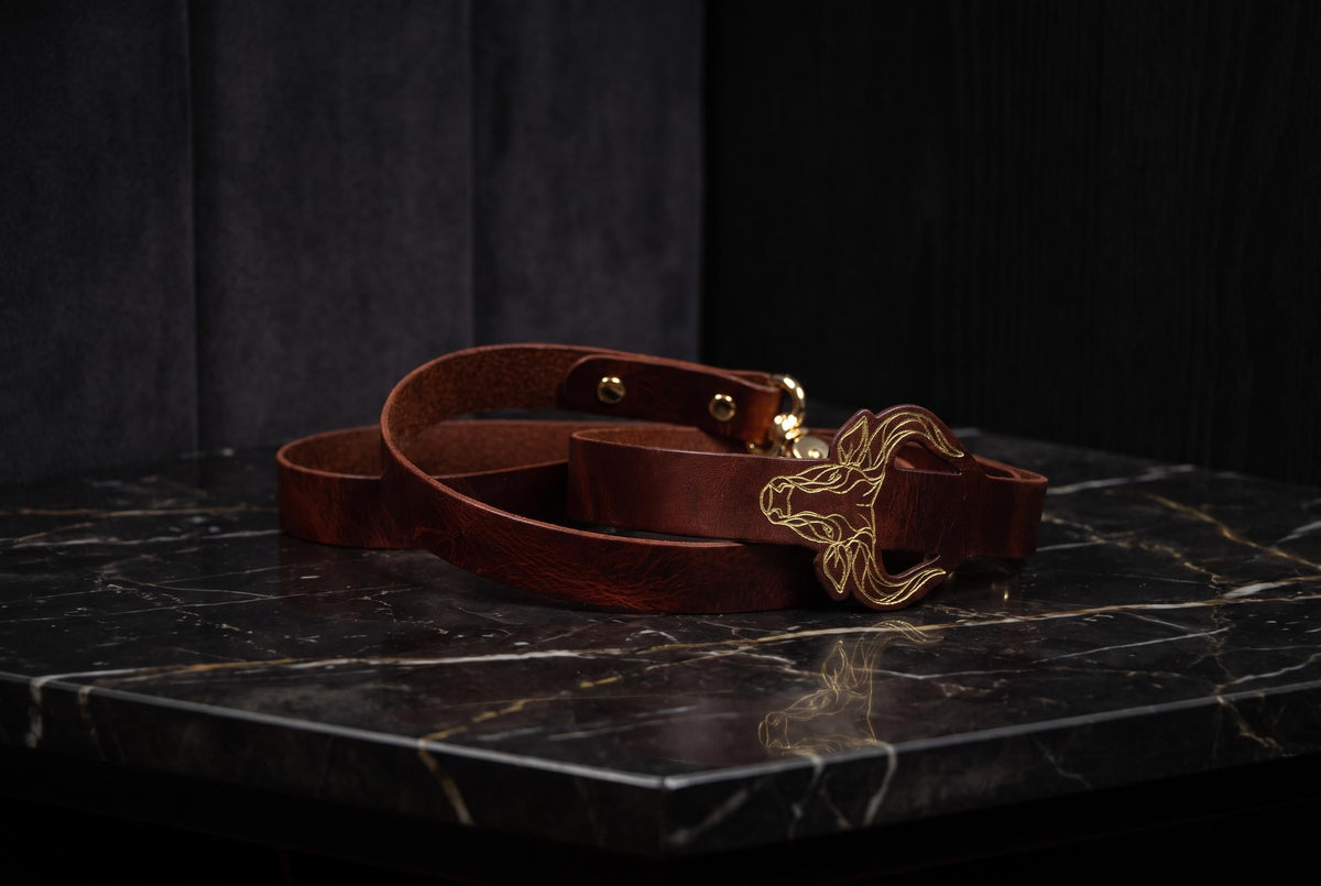 A brown leather belt with a gold buckle is placed on a black marble surface.