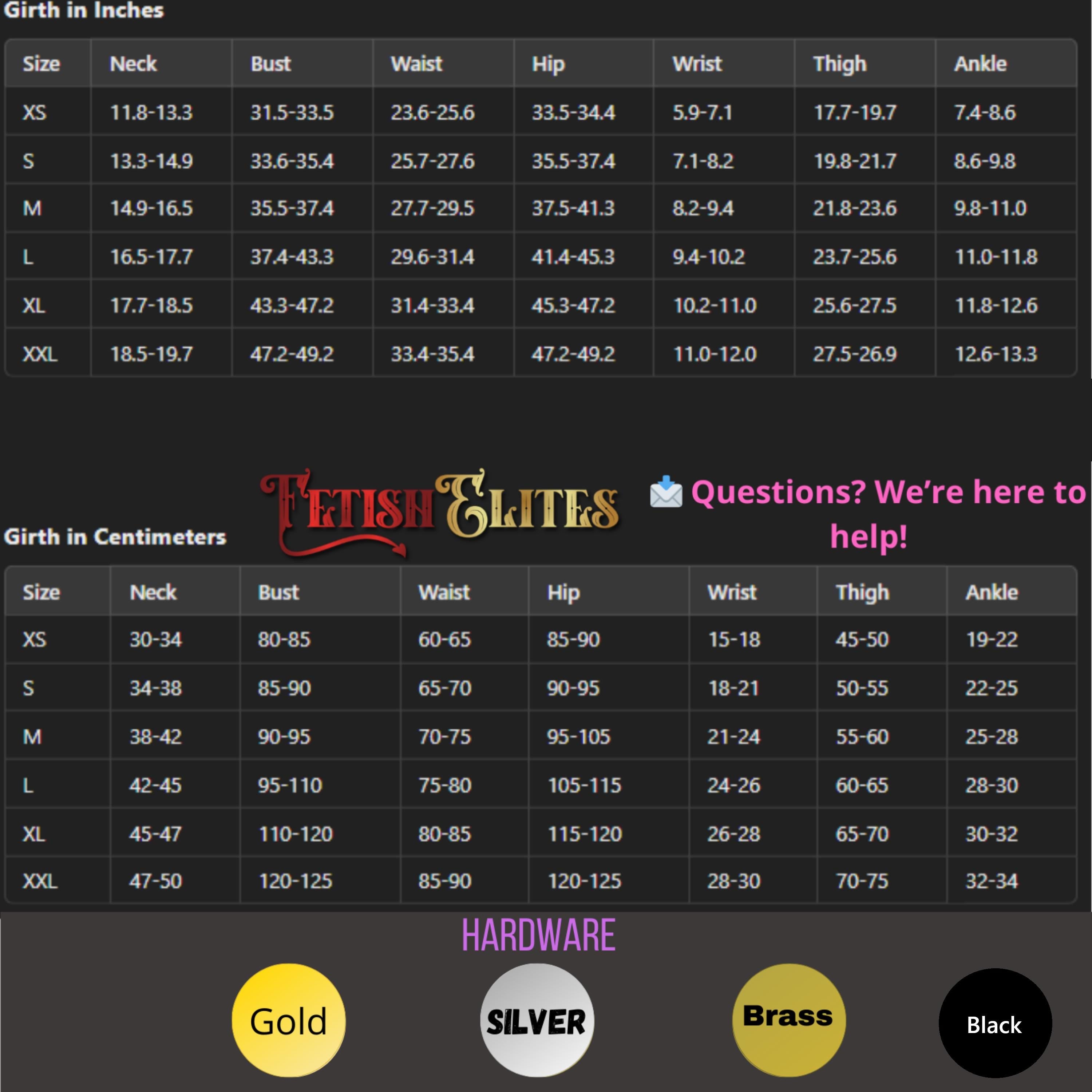 The image is a detailed size chart for a clothing item, with measurements for different sizes such as XS, S, M, L, and XL. The chart provides the corresponding bust, waist, hip, and wrist measurements for each size. The chart also includes a section titled "Girth in Inches" and a section titled "Hardware" with a gold, silver, and brass color scheme.