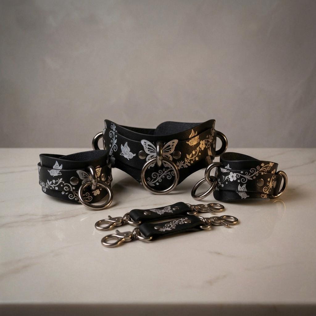 A collection of black leather accessories with silver accents, including a corset, choker, and multiple leather straps, arranged on a white marble surface.
