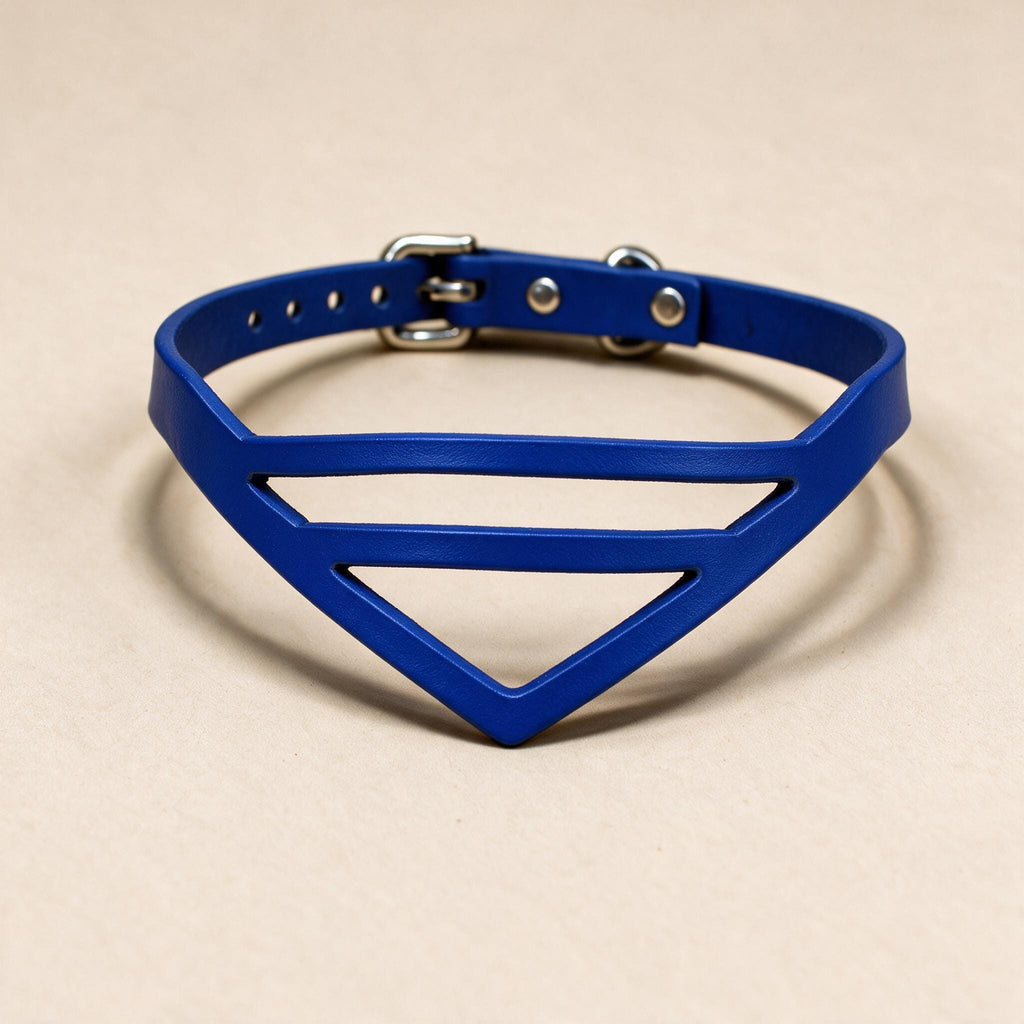 A blue choker necklace with a unique triangular cutout design.