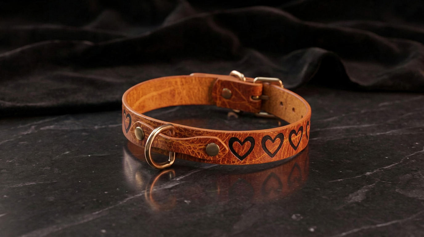 A brown leather collar with heart-shaped embellishments is displayed on a black marble surface.