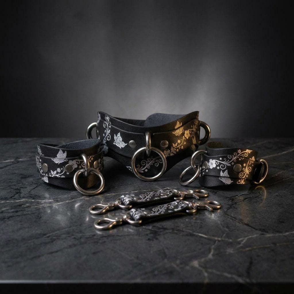 a collection of black leather straps with silver metal rings and buckles, arranged on a dark surface.