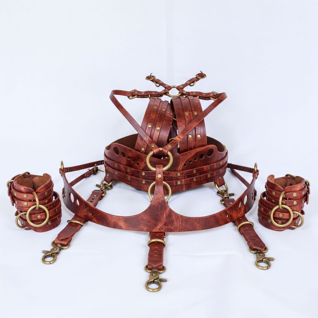 A leather strap with multiple buckles and straps, likely used for BDSM or BDSM-related accessories.
