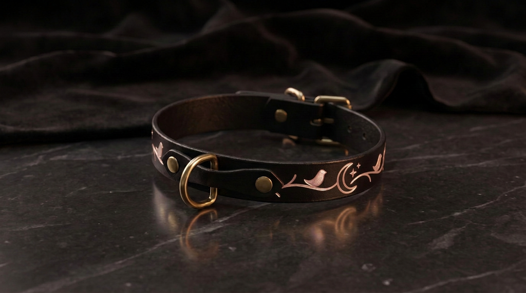 A black leather collar with a gold-colored buckle and a decorative design on the strap is displayed on a dark surface.