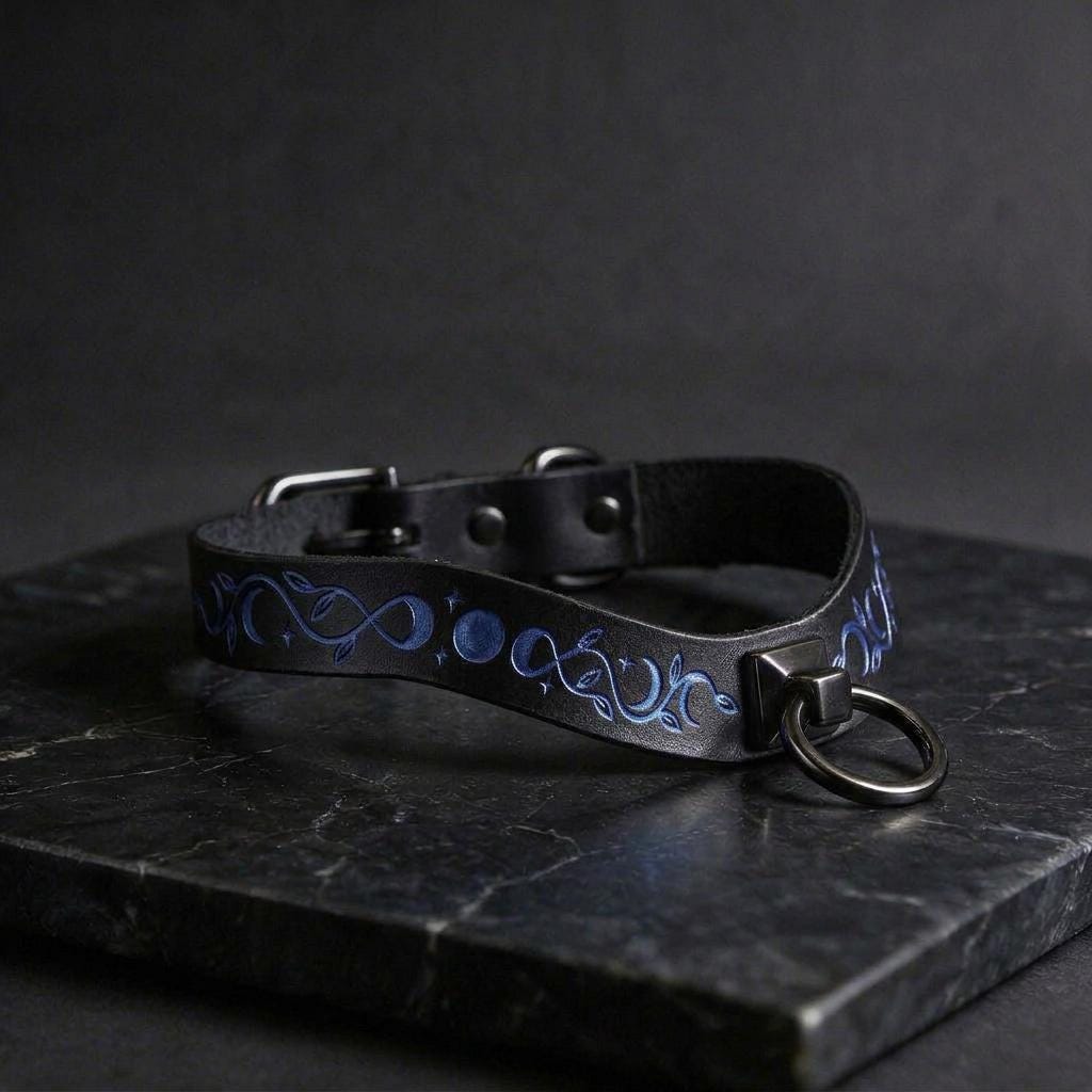 A black leather collar with blue floral designs and a metal ring on it, resting on a dark surface.