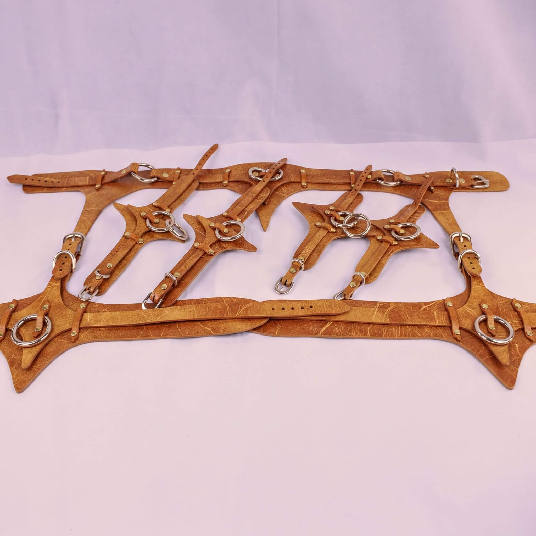 a collection of leather straps or belts, some of which appear to be made of a shiny material. The straps are arranged in a way that they overlap each other, creating a layered effect. The image does not contain any text or specific details about the objects, and it does not depict any actions or movements.