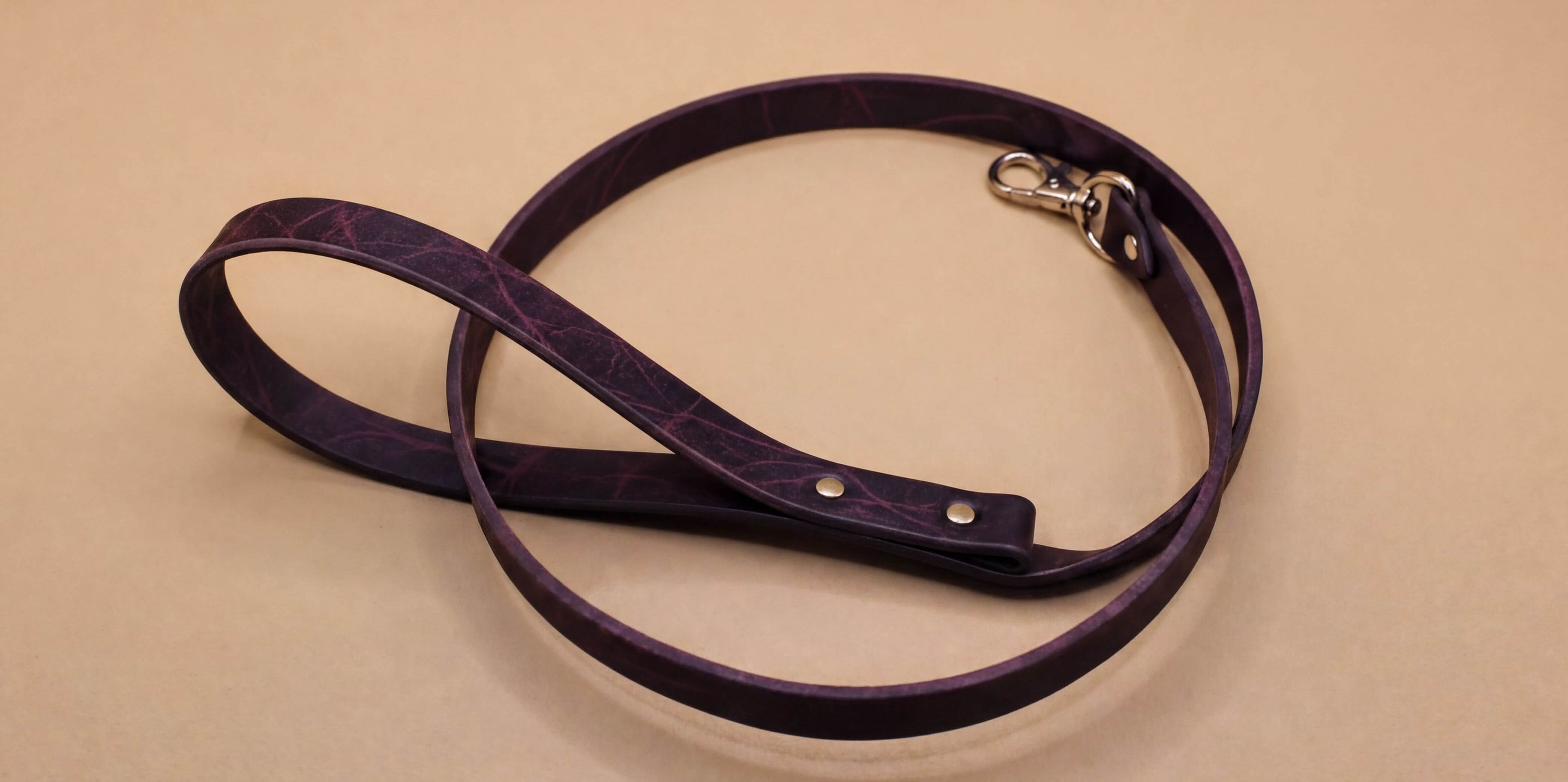 A purple leash with a silver buckle is shown on a beige surface.