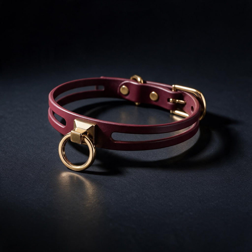 A burgundy leather collar with a gold-colored buckle and ring is displayed against a dark background.