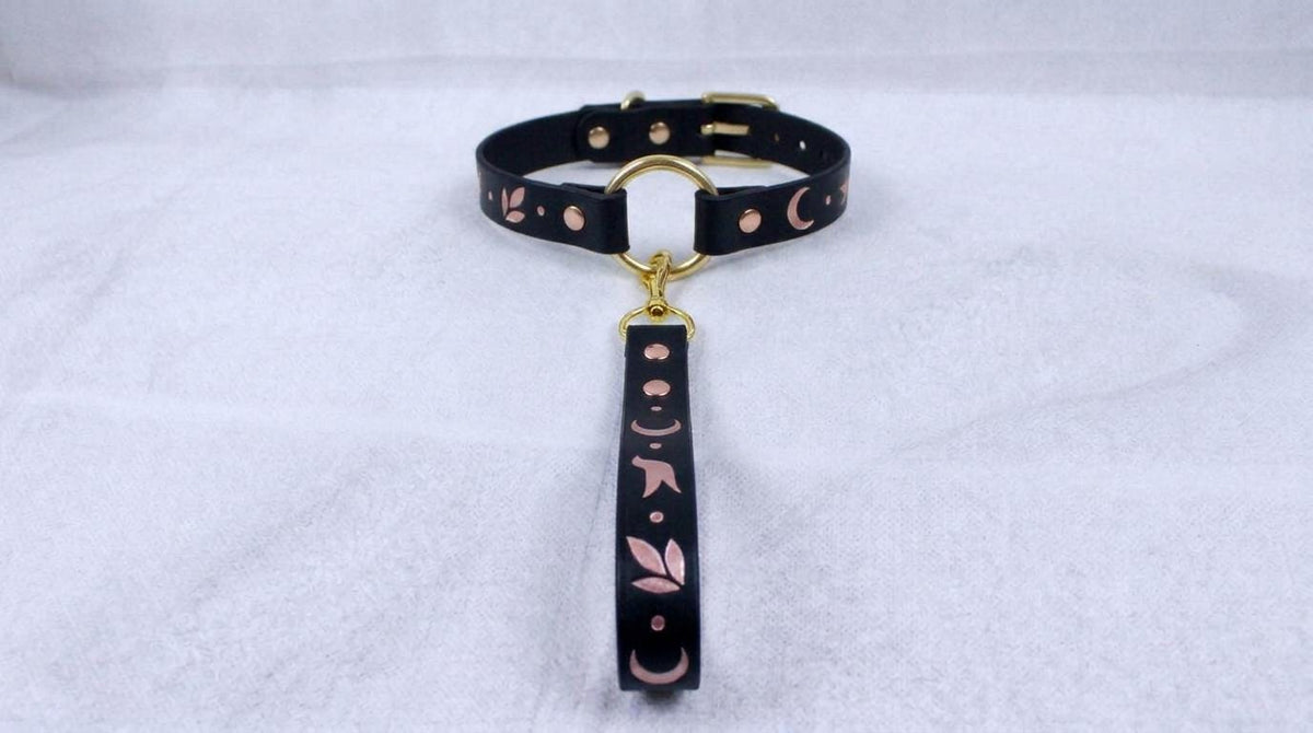 A black leather collar with a gold-colored metal clasp and a decorative metal handle attached to it, resting on a white surface.