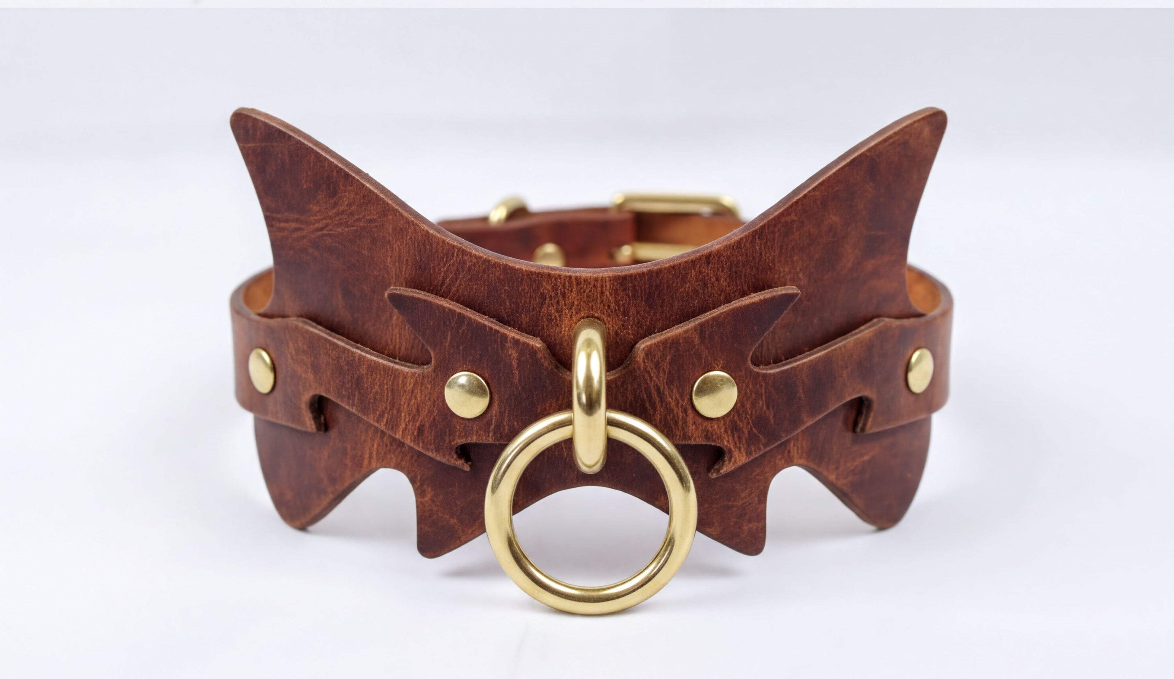 A brown leather collar with a gold-colored metal ring and a unique, cat-like design.
